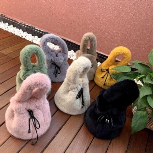 2021 Autumn Winter New Style Fur Handbag Candy Color Drawstring Shoulder Bag Women Purse