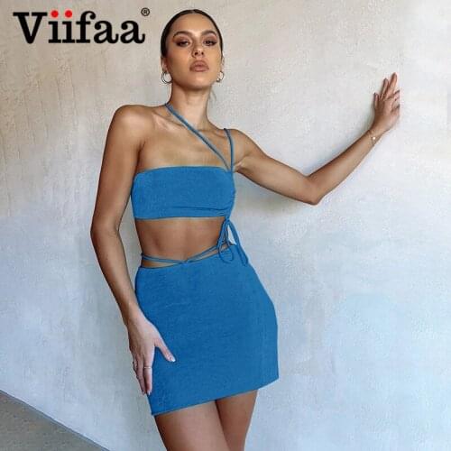 Viifaa Drawstring Crop Top and Mini Skirt Solid Matching Dress Sets Summer Y2K Two Piece Set Sexy Club Outfits for Women