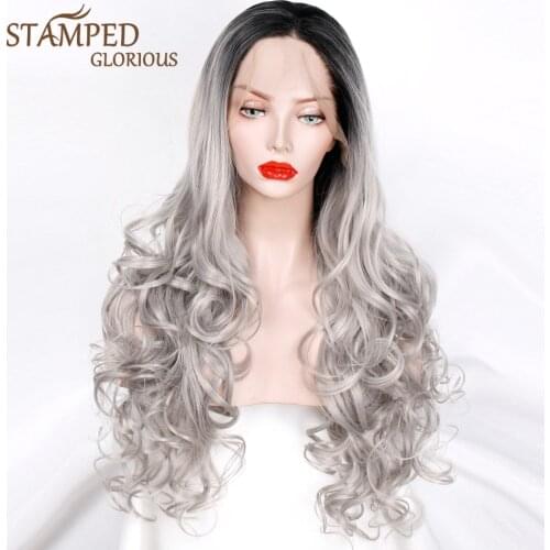 Stamped Glorious Natural Wave Wig Ombre Black Silver Synthetic Lace Front Wig for Women Middle Part Cosplay Wig