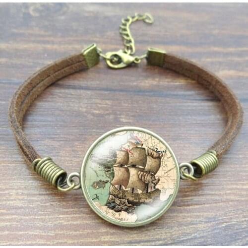 Vintage Fashion Nautical Age Map Time Gem Charm Bracelet Sailing Map Glass Charm Genuine Leather Bracelet For Women Men Gift