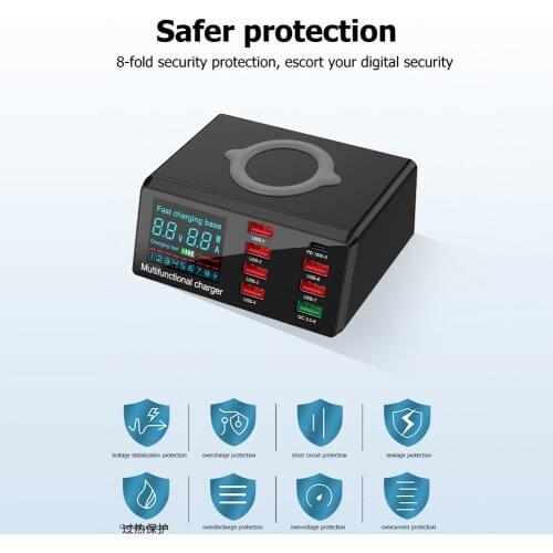 X9 100W 8 Port USB Charger Hub PD Quick Charge 3.0 Adapter LED Digital Display Desktop Charging Station Wireless Charger