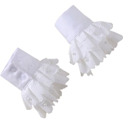 Ladies Double Layer Detachable Cuffs Chiffon Pleated Ruffles Lace Imitation Pearl Beading Fake Sleeves Sweater Accessory