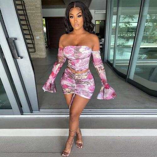 Aesthetic Print 2 Two Piece Dress Set Summer Vacation Outfit Women Slash Neck Flare Sleeve Crop Top+bodycon Skirt Birthday Club