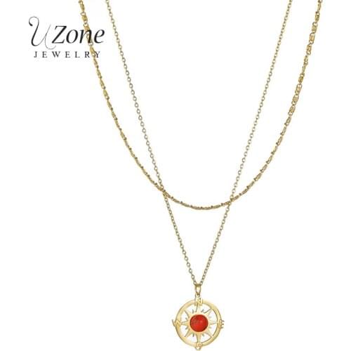 Uzone New Fashion Natural Stone Gold Compass Pendant Necklace Stainless Steel Double-layer Chain Necklaces For Women Party Gift