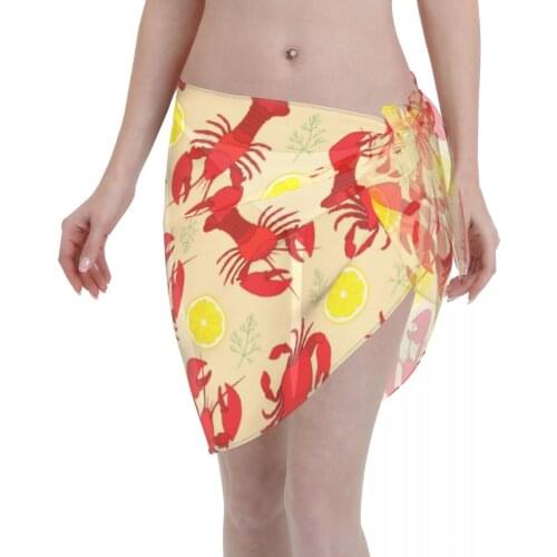 Women See-Through Beach Bikini Cover Up Wrap Scarf Pareo Sarong Dress Lobster And Crab With Lemon And Dill Casual Beach Dress