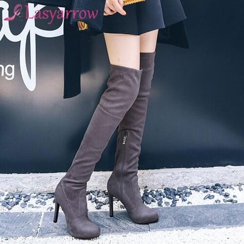 Lasyarrow 2021 Winter Shoes Women Thigh High Heels Boots Fashion Suede Leather Zipper Female Over The Knee Boots Plus Large Size