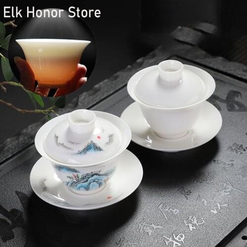 150ml Dehua Mutton Fat Jade Tea Tureen Hand Painted Landscape Art Ceramic Bowl With Lid Sopera Milk Oolong Tea Pu'er Tea Set