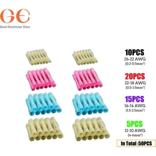 50pcs Assorted Heat Shrink Butt Splice Crimp Connectors Insulated Waterproof Copper PE AWG 22-10 Terminals Kit wire connector