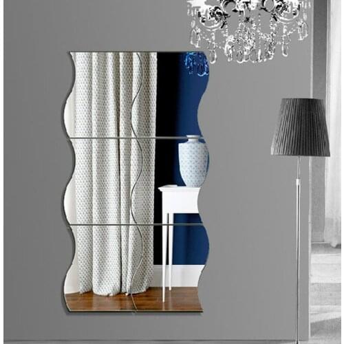 6 PCS 3D Wave Mirror Sticker DIY Silver Wall Mirror Sticker Acrylic Mural Decal Removable Reflective Stickers Home Decor