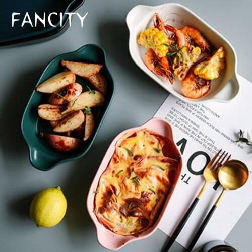 FANCITY Net Red Cheese Baked Rice Plate Ceramic Baking Plate Binaural Plate Dinner Plate Microwave Oven Special Tableware