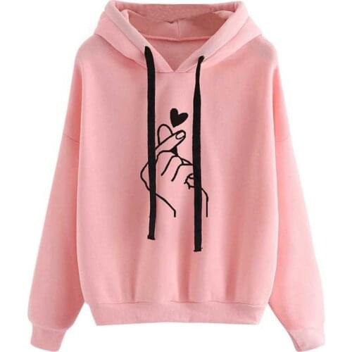 Harajuku Womens Sweatshirt and Hoody Ladies Oversize K Pop Yellow Pink Love Heart Finger Hood Casual Hoodies for Women Girls
