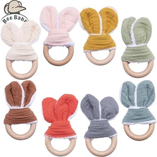 1pc Cotton Bunny Ear Rattles Toy Baby Beech Wood Teethers Toys for Kids Diy Bracelet Pacifier Chain Safe Organic Wooden Ring Toy