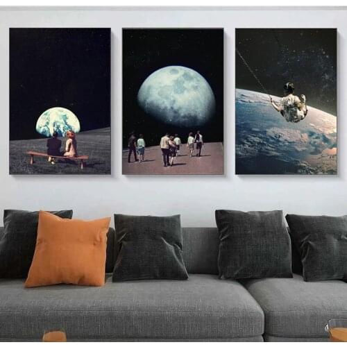 Cosmic Night Sky Art Canvas Painting Earth Couple Poster and Print Surrealism Galaxy Space Moon Wall Art Picture for Home Decor