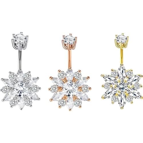 JUNLOWPY Surgical Steel Flower Belly Button Piercing Ring 14G Zircon Belly Ring Crystal Navel Piercing Sexy Heart Navel Bar