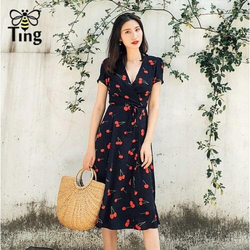 Tingfly Summer vintage boho cherry floral print midi beach wrap dress v neck sexy Split casual retro party dresses Vestidos