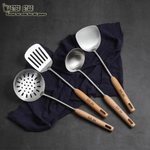 Mater Star Stainless Steel Cooking Tools Shovel Spoon Anti-scalding Beech Handle Kitchen Cookware Part 3pcs/set