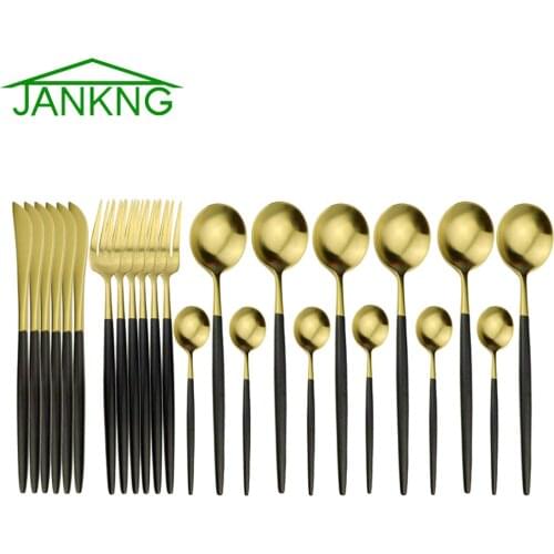 24Pcs Black Gold Thick Dinnerware Set 18/10 Stainless Steel Cutlery Dinner Knife Fork White Gold Cutlery Set Round Utensils
