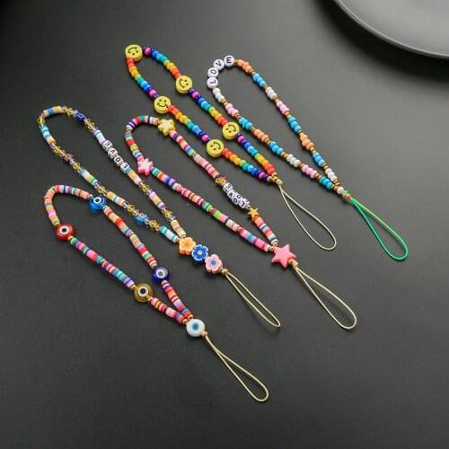 2021 New Mobile Phone Strap Lanyard Keychain Colorful Smile Pearl Soft Pottery Rope for Cell Phone Case Hanging Cord for Women