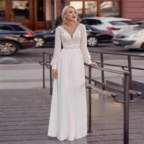 9940#New A Line Bohemian Wedding Dress Modest V Neck Long Sleeves Lace Applique Chiffon Sweep Train Boho Beach Bridal Dresses