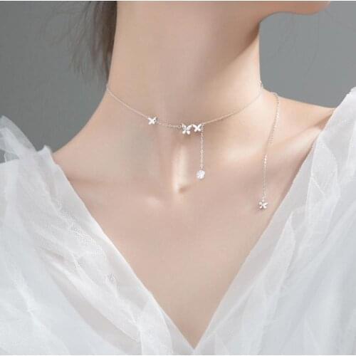 Real 925 Sterling Silver Tassel Crystal Double Butterfly Charm Necklace For Women Choker Collares Wedding Party Jewelry Gift
