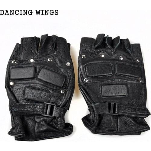 Black Genuine Leather Anti-Skid Tactical Fingerless Gloves Mens Sports Riding Half Finger Gloves Mittens