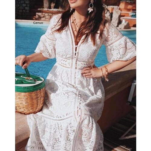 Sexy Lace Woman Dress 2021 Summer V Neck Short Sleeve Boho Maxi Dresses Party Club Vestido Blue White Pink