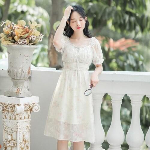 Puff Sleeve Sweet Chiffon Floral Women Dress 2021 Summer New Vintage Square Collar Light Color Palace Style First Love Dress