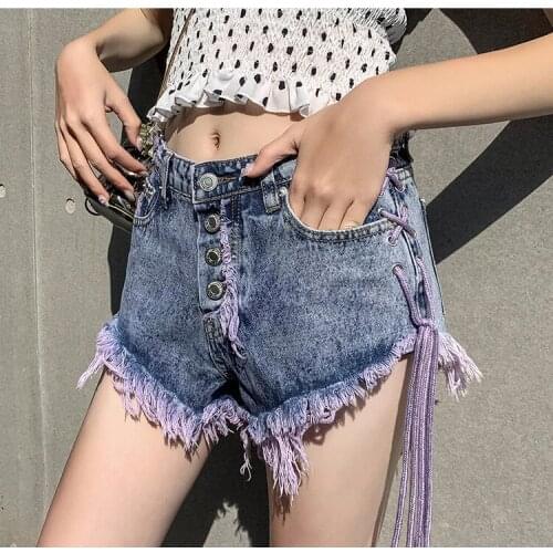 Sexy Summer Women Denim Shorts 2021 New High Waist Ripped Short Jeans Femmen Side Lace Up Bandage Shorts E Girls Botton Clothing