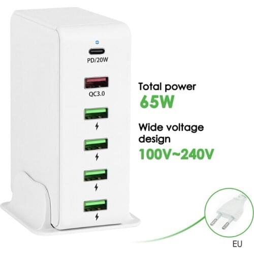 EU Plug 6-Ports 18W QC 3.0 USB 20W PD Type C Fast Charger Adapter for Smartphone 270B