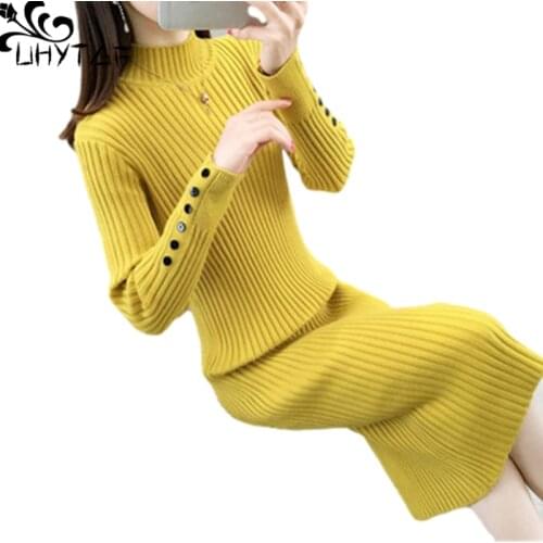UHYTGF Women Sweaters Fashion Half Turtleneck Knitted Autumn Winter Dress Long-Sleeved Pullover Slim Female Bottoming Skirt 1407