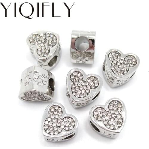YIQIFLY Free shipping 2017 new 20pcs 13mm heart shape white rhinestone mickey big hole alloy beads fit European bracelet DIY