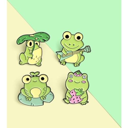 Green Frog Enamel Pin Custom Lotus Leaf Guitar Brooches Bag Lapel Pin Cartoon Animal Badge Jewelry Gift for Friends Wholesale