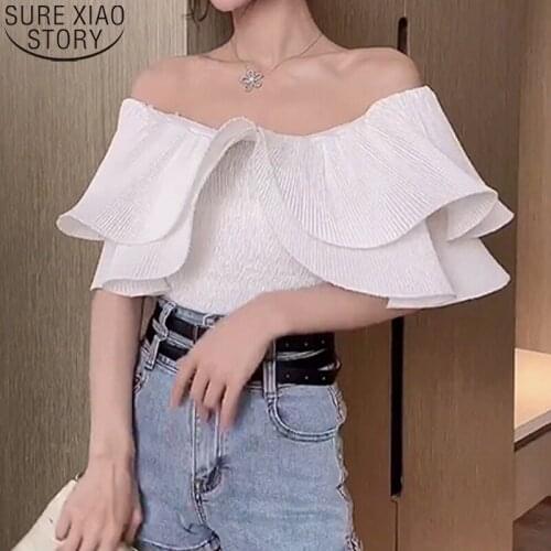 2021 Sweet Double-layer Ruffles Tops Slash Neck Off Shoulder Chiffon Blouse Women Summer Shirt Pleated Blouse Solid Blusas 14939