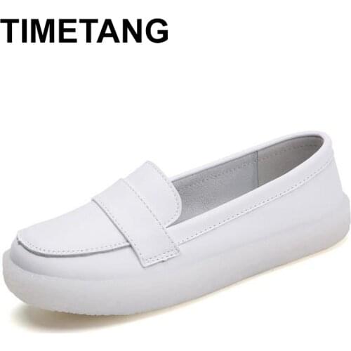 TIMETANG Cowhide Women Flats Shoes Casual Woman Sneakers White Nurse Shoes Slip On Loafers Single Shoes Female Footwear Spring