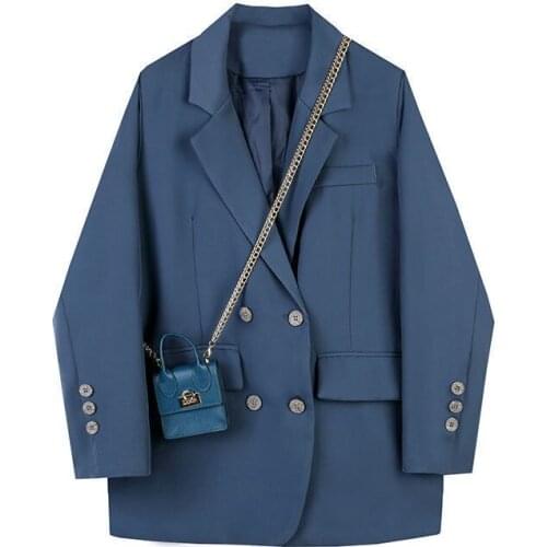 Womens Jacket 2021 Autumn Blazer Double Breasted Suit Jacket Loose Bule Oversize Coats Solid Color Formal Blazer Work Wear Coat