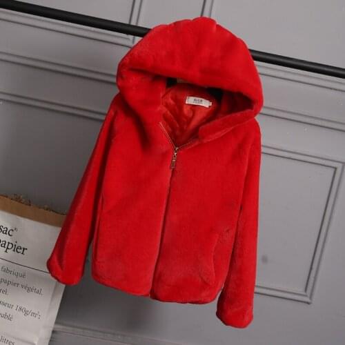 Winter Warm New Faux Mink Casual Women Faux Fur Coat with Furry Fur Hood Rabbit Fur Ladies Jacket Zipper Outwear Pink Plus Size