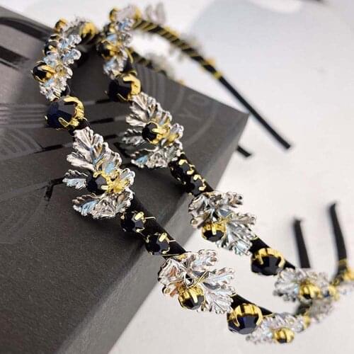 1PC Korean Rhinestone Leaves Headband For Girls Fashion Vintage Black Blue Crystal Sweet Hair Hoop Party Hair Accessories