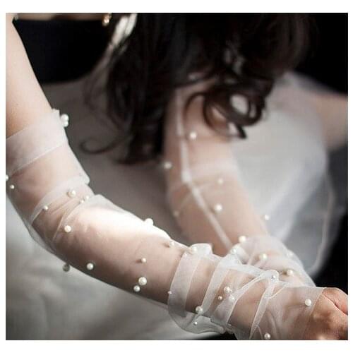 White pearls transparent sexy wedding bridal lady girl women fingerless arm warmer gloves free shipping