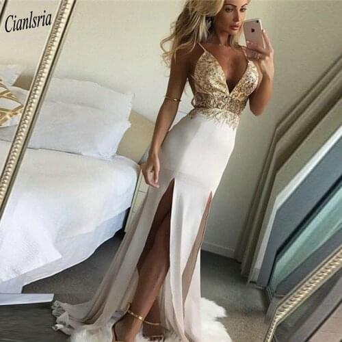 Sparkly Backless Front Split Mermaid Evening Dress Spaghetti Strap Sleeveless Gold Sequined Appliques Formal Evening Party Gown