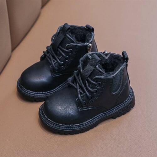 New Autumn Winter Baby Martin Boots with Fur Plush Kids Boys Girls Black White Fashion Cool PU Leather Short Boots Size 21-30