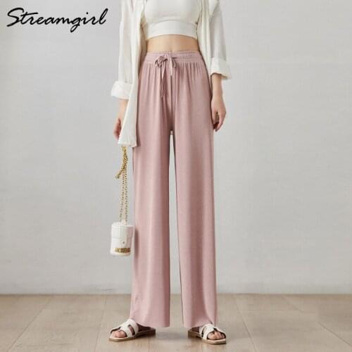Streamgirl Summer Casual Capris Pants For Women Ladies Wide Leg Trousers Women Summer High Waist Pink Ice Silk Pants Women 2021