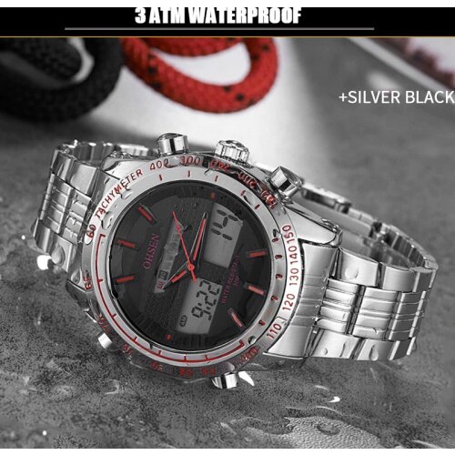 Mens Military Sports Wrist Watch Silver Quartz Steel Waterproof Dual Display Male Clock Top Brand Watches Relogio Masculino New