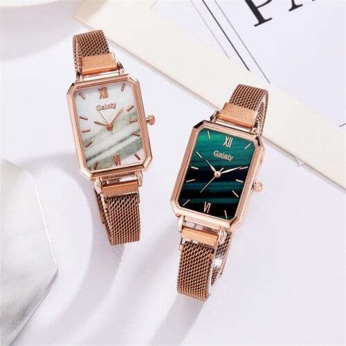 Women Watches Fashion Square Ladies Quartz Watch Bracelet Set Green Dial Simple Rose Gold Mesh Luxury Women Watches