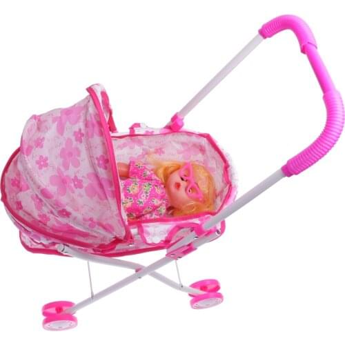 Baby Doll Pram Stroller Foladble Pushchair With 15cm Girl Doll Playset Roleplay