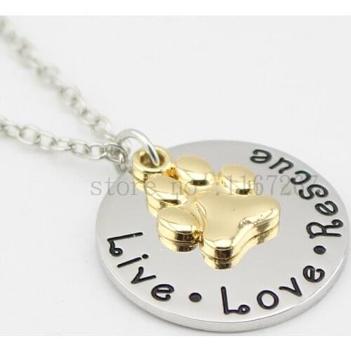 2015 Pet Loss Jewelry"Live Love Rescue" Necklace Pet Rescue Memorial Jewelry Gold Paw Print necklace