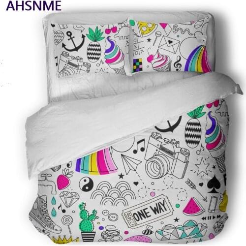 AHSNME Summer Small Fresh Quilt Cover Set White Bedding Set Cactus Ice Cream Rainbow Customized Pattern Super King Bed Set