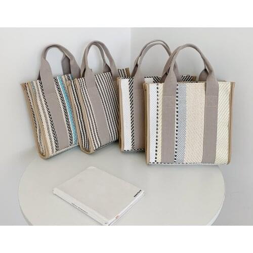 Handmade Purse Wicker Beach Handbag Fashion Women Stripes Woven Shopping Bag Casual Ladies Summer Beach Tote Handbag