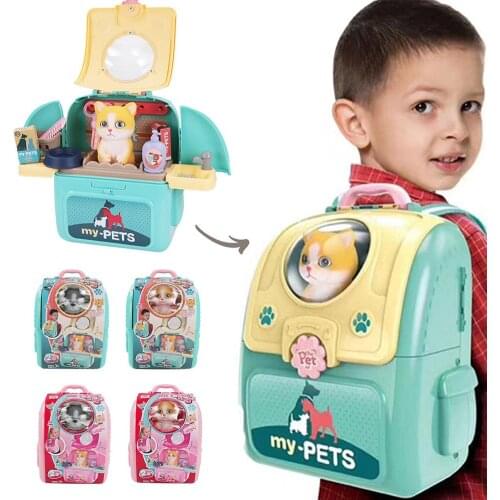 Pet Space Bag Play House Set Kids Dog Grooming Doctor Kit Play Set With Backpack Pretend Play Toys For Children