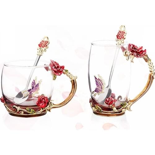 Red Rose Enamel Crystal Cup Flower Tea Glass High-grade Butterfly Glass Water Cup Flower Mug Handle Single Crystal mug Gift F2