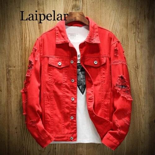 Laipelar Autumn New Mens Jean Jacket Slim Fit Cotton Denim Jacket Red White Black Ripped Hole Jean Coats Men Cowboy Youth Men